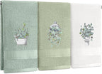 3 Pcs Eucalyptus Hand Towels Farmhouse Embroidered Botanical Bathroom Decor by FuWeave
