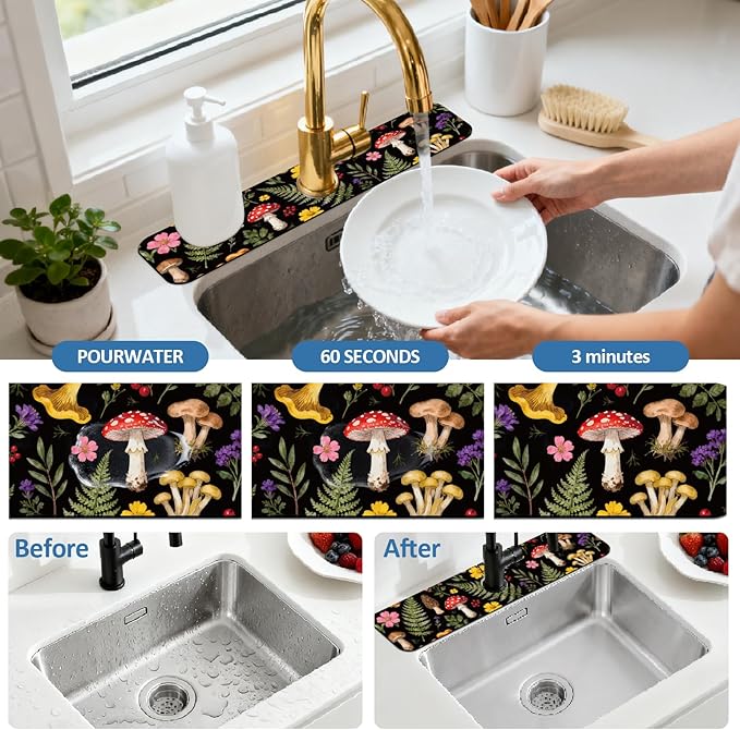 2 Pcs Kitchen Sink Splash Guard Faucet Mats Colorful Mushrooms and Flowers - Image 5