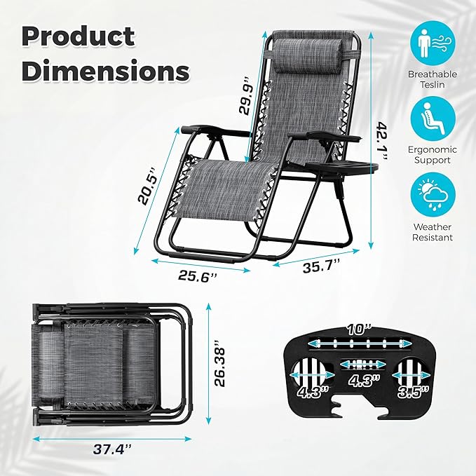 Homall Zero Gravity Chair Patio Folding Lawn Outdoor Lounge Reclining Chair with Cup Holder Pillows for Poolside Backyard and Beach Set of 4 Double Grey - Image 3