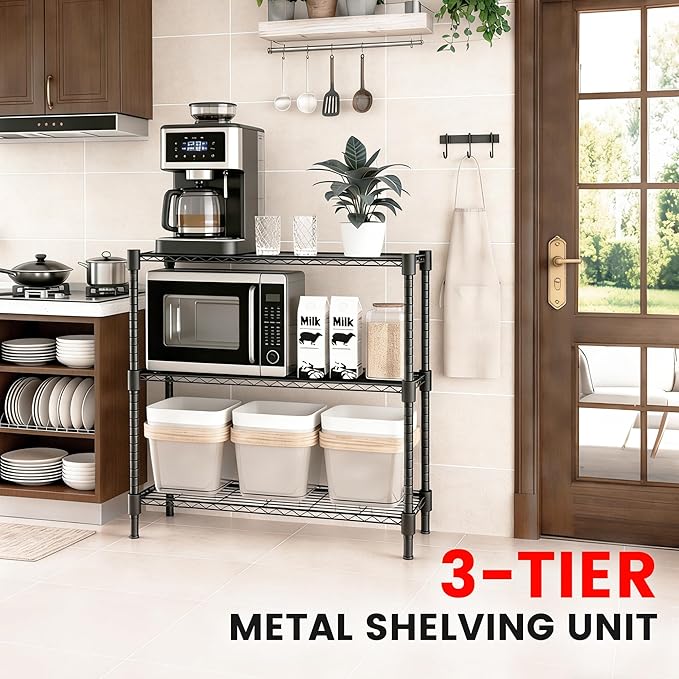 Xcity Storage Shelves, 3 Tier Heavy Duty Metal Shelving Unit, 1200 LBS Capacity Adjustable Steel Wire Shelf Organizer for Pantry, Kitchen, Garage, 14" D x 36" W x 36" H, Black - Image 3