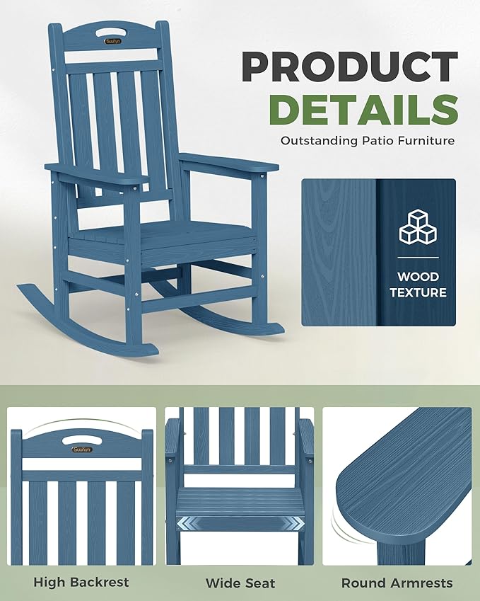 Oversized Rocking Chair Outdoor, High Back Porch Rocker Chair, HDPE All Weather Resistant Rocking Chairs for Patio, 380lbs Weight Capacity, Navy Blue - Image 6