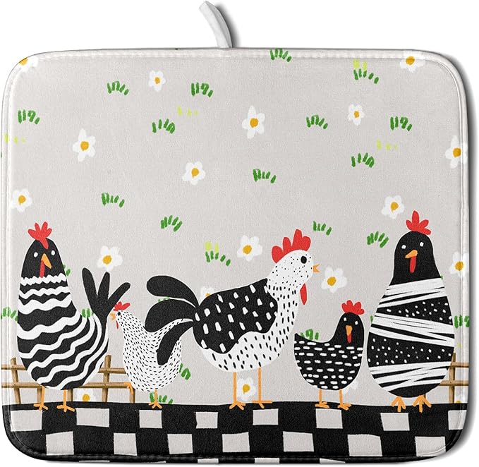 Black Rooster Dish Drying Mat for Countertop 16x18 Inches Buffalo Plaid by Giwawa