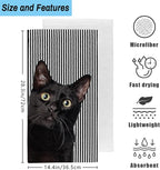 Cute Black Cat Hand Towel for Bathroom Set of 2, Cat on Black White Stripes - Image 2