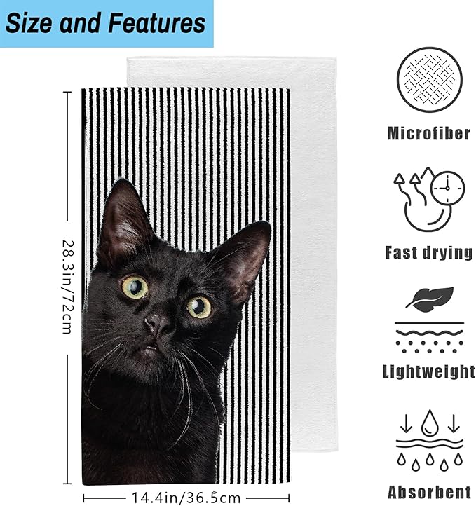 Cute Black Cat Hand Towel for Bathroom Set of 2, Cat on Black White Stripes - Image 2