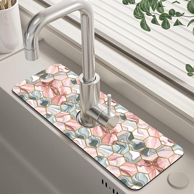 Abstract Gray and Red Hexagon Sink Faucet Absorbing Mat Sink Splash Guard by Unknown