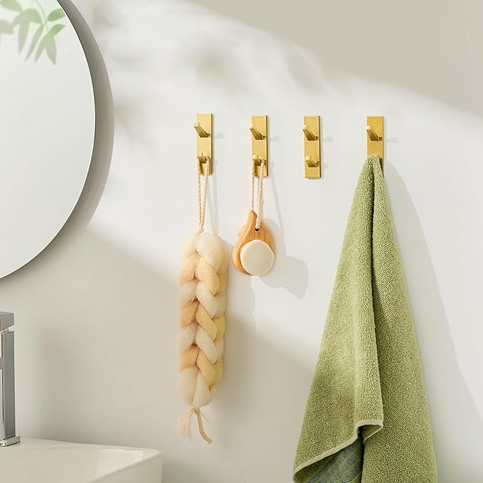 Gold Wall Hooks for Coat Towel: 13LB Adhesive Door Hanger Stick on, 4 Pack - Image 5
