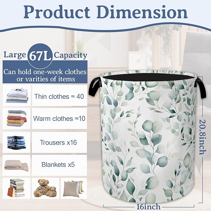 Eucalyptus Spring Botanical Laundry Basket, Foldable Oxford Cloth Laundry Hamper - Image 2