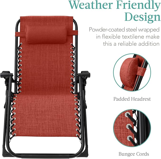 Best Choice Products Oversized Zero Gravity Chair, Folding Outdoor Patio Recliner, XL Anti Gravity Lounger w/Removable Cushion, Cup Holder, Side Tray, 350lb Capacity - Burnt Orange - Image 4