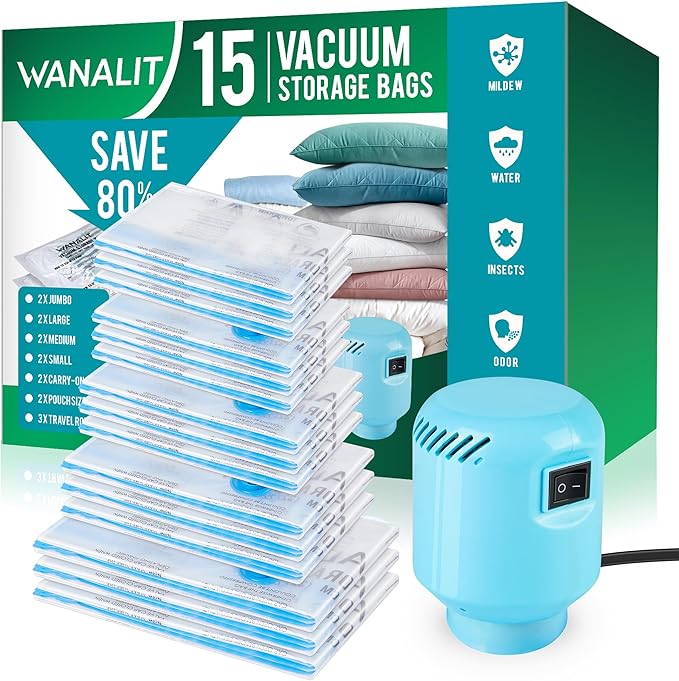 Vacuum Storage Bags with Electric Air Pump, New Air Valve Combo 15 Pack by WANALIT
