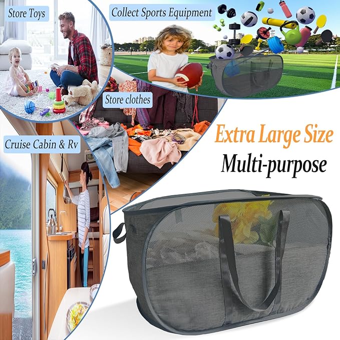 Extra Large Mesh Pop Up Laundry Hamper 2 Pack, 100L Collapsible Laundry Baskets - Image 4