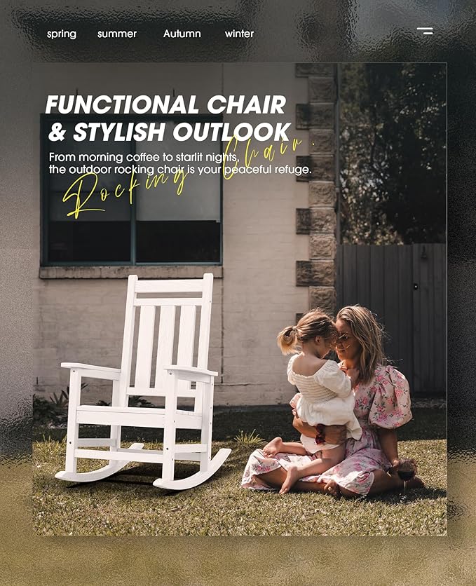 KINGYES Oversized Outdoor Rocking Chair, All-Weather Patio Rocking Chairs for Porch, HDPE Outdoor Patio Rockers with High Back & Wide Seat for Garden, Lawn, White - Image 8