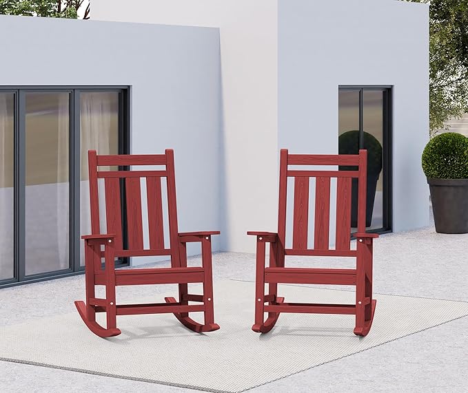 KINGYES Oversized Outdoor Rocking Chair Set of 2, All-Weather Patio Rocking Chairs for Porch, HDPE Outdoor Patio Rockers with High Back & Wide Seat for Garden, Lawn, Red - Image 2