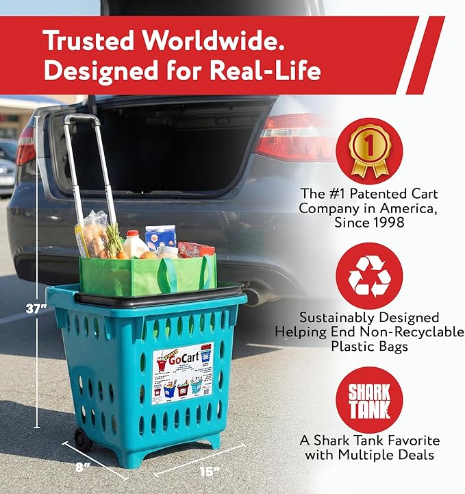 dbest products GoCart, Teal Grocery Cart Shopping Laundry Basket on Wheels - Image 3