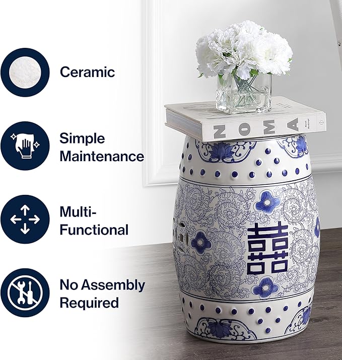 JONATHAN Y TBL1013A Double Happiness 18" Chinoiserie Ceramic Drum Indoor/Outdoor Garden Stool Bohemian, Coastal, Classic, Cottage, French Country, Traditional, Bathroom, Garden Room, Patio, Blue/White - Image 6