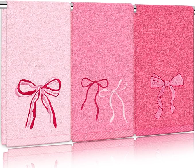 3Pcs Pink Bow Hand Towels Coquette Cotton Embroidered Decorative Towels by FYSUIMU