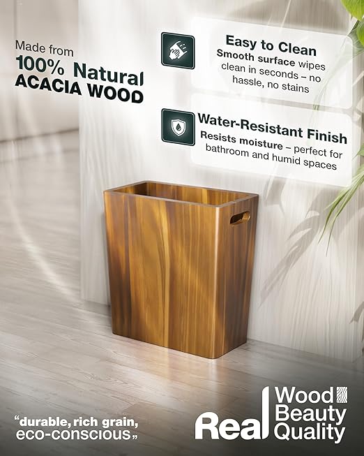 BLUEWEST 2.6 Gallons Wooden Wastebaskets – Solid Acacia Wood Trash Can - Image 2