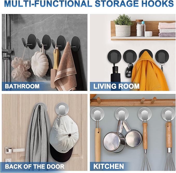 Adhesive Hooks for Bathrooms, 4 Piece Towel Hooks for Hanging Hat Robe Coat - Image 5