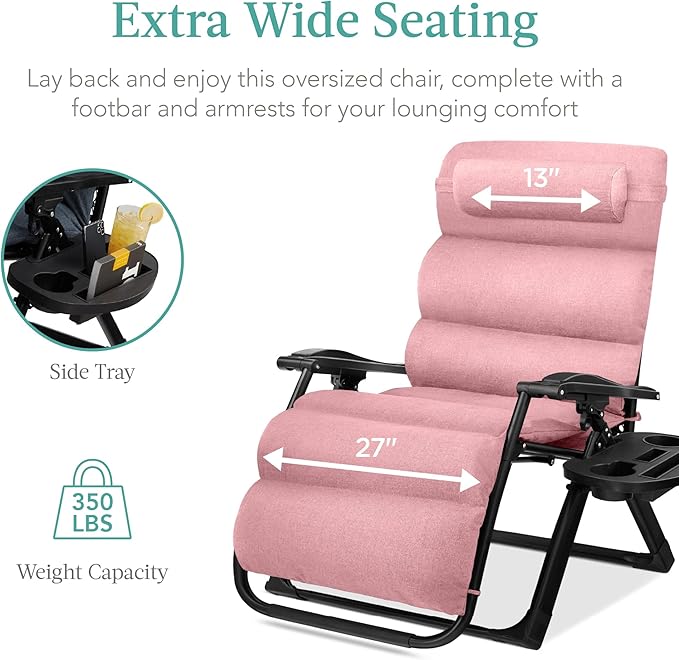 Best Choice Products Oversized Zero Gravity Chair, Folding Outdoor Patio Recliner, XL Anti Gravity Lounger w/Removable Cushion, Cup Holder, Side Tray, 350lb Capacity - Pink - Image 5