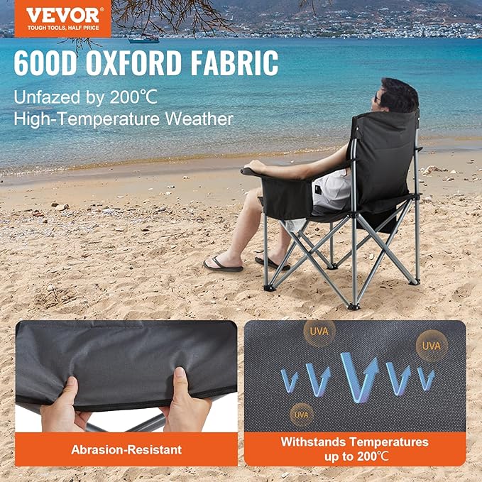 VEVOR Oversized Camping Folding Chair, Portable Heavy Duty Outdoor Quad Lumbar Back Padded with Side Pockets, Cup Holder and Cooler Bag for Beach, Lawn, Picnic, Fishing, Backpacking, Black - Image 4