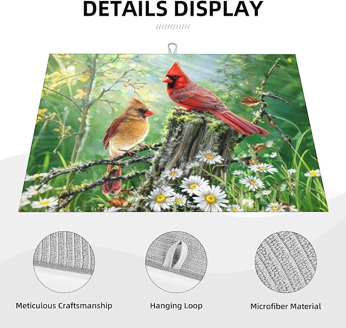 Red Bird Dish Drying Mats for Kitchen Counter, Absorbent Reversible Microfiber - Image 3
