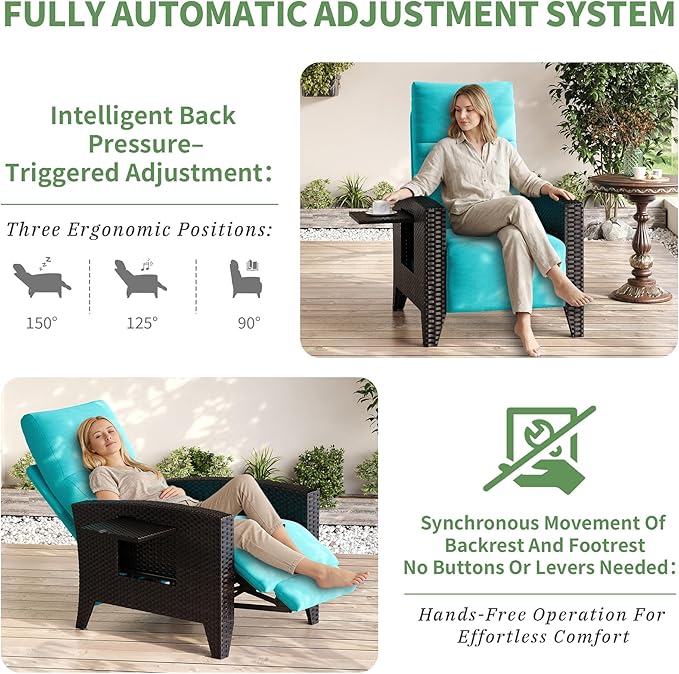 IDEALHOUSE Wicker Outdoor Recliner Reclining Patio Chairs with Adjustable Back & Footrest 150° Lay-Flat Reclining with Air Pump Rattan Flip-Up Side Table Outdoor Lounge Chairs for Pool Deck Balcony - Image 7