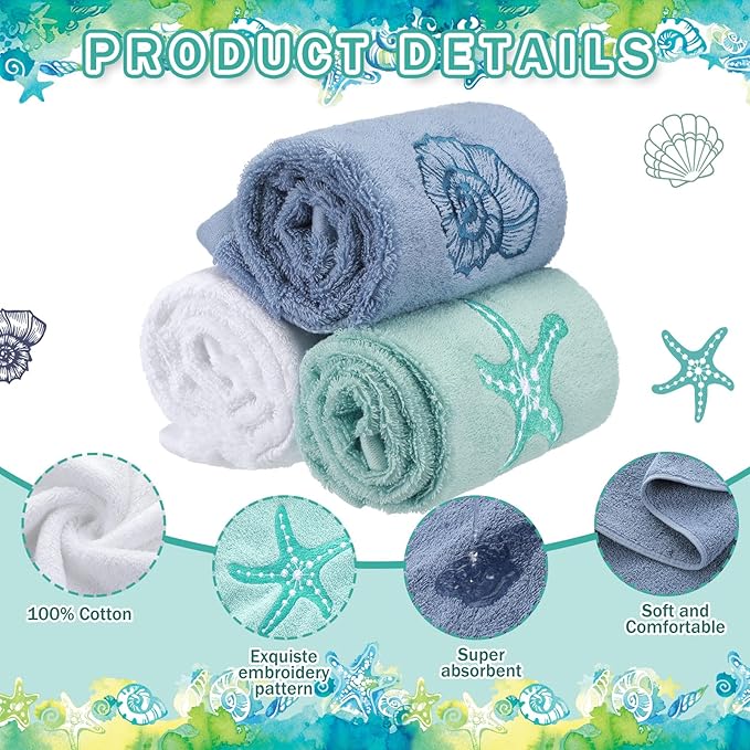 3 Pack Coastal Hand Towels for Bathroom 100% Cotton Embroidered Beach Bathroom - Image 3