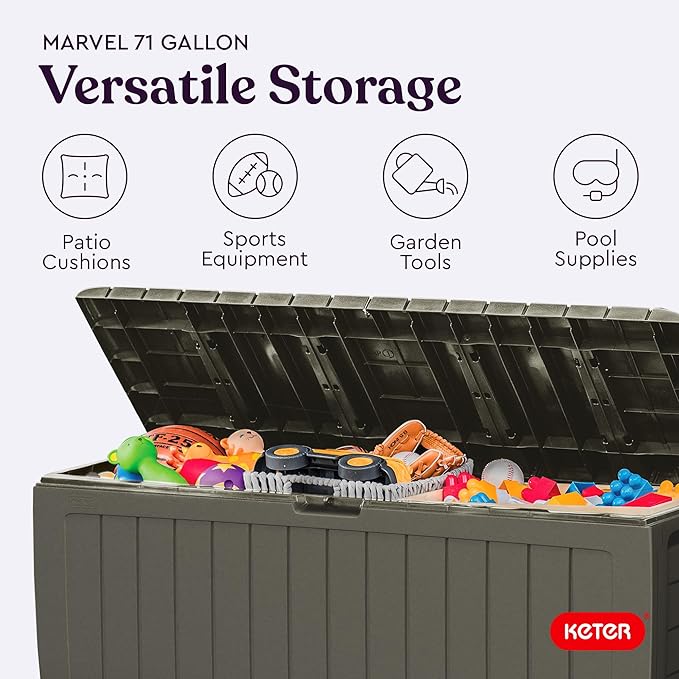 Keter Marvel Plus 71 Gallon Resin Outdoor Storage Box for Patio, Balcony & Garden – Weather‑Resistant Deck Box for Cushions, Pillows, Pool Floats & Tools, Mossy Brown - Image 5