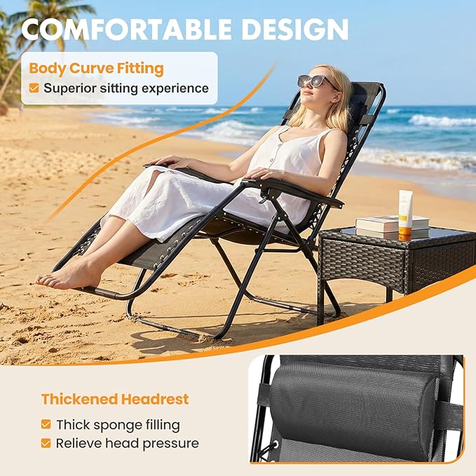 NEWBULIG Zero Gravity Chair Set of 2, Lounge Chair Folding Portable Adjustable Camping Reclining Chairs with Adjustable Pollow, Mesh Back, Cup Holder Trays Lawn Patio Chair for Pool Beach - Black - Image 4