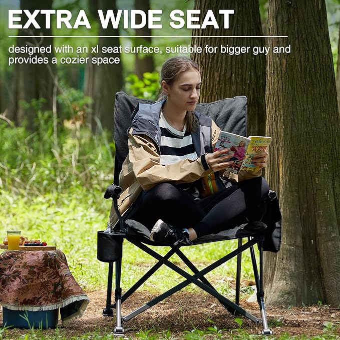 EVER ADVANCED Padded Oversized Folding Camping Chair for Adults, Heavy Duty Lawn Chair with Side Pockets, Portable Collapsible Quad Chair for Outside, Support Up to 500lbs, Black - Image 6