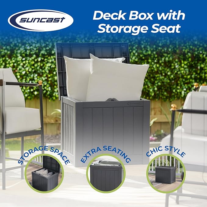 Suncast Small Deck Box Storage w/ Bench Seat for Indoor & Outdoor Use, 22 Gal., Cyberspace - Image 2