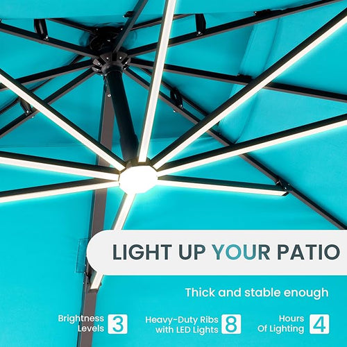 10 X 13 FT Cantilever Patio Umbrella with Led Lights and Base Included Outdoor Heavy Duty Double Top Rectangle Offset Umbrellas with 360-degree Rotation for Pool Deck Backyard, Turquoise - Image 2