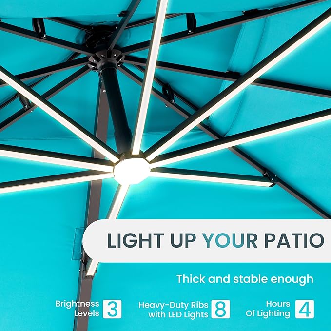 10 X 13 FT Cantilever Patio Umbrella with LED Lights Outdoor Heavy Duty Double Top Windproof Rectangle Offset Umbrellas with 360-degree Rotation for Pool Deck Backyard, Turquoise - Image 2