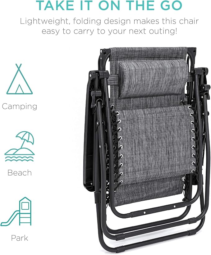 Best Choice Products Folding Zero Gravity Outdoor Recliner Patio Lounge Chair w/Adjustable Canopy Shade, Headrest, Side Accessory Tray, Textilene Mesh - Gray - Image 8