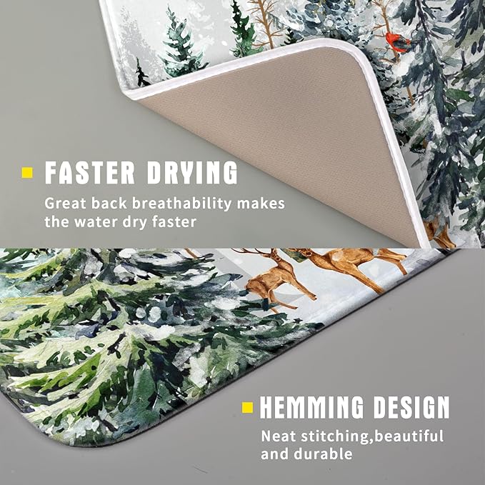 Pine Tree Dish Drying Mat for Kitchen Counter 16x18 Inch Forest Deer Absorbent - Image 3
