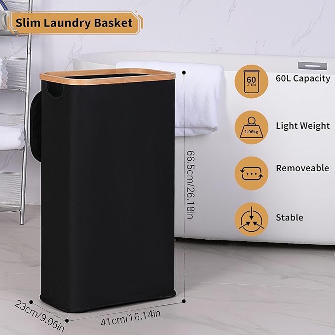 60L Slim Laundry Hamper, Narrow Laundry Basket - Image 3