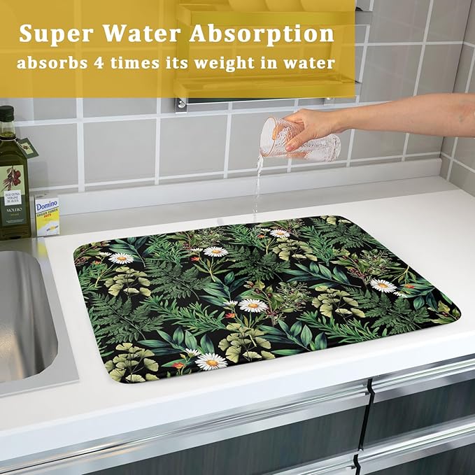 Green Botanical Dish Drying Mat 18x24 Inch Plant Leaf Fast Dry Dish Drainer - Image 7