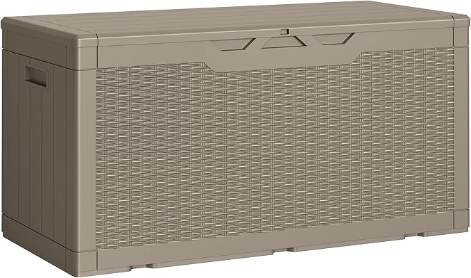 Greesum Outdoor Storage Box 100 Gallon Storage Bin with Lid for Patio Furniture, Garden Tools, Pool Supplies, Lockable, Waterproof and UV Resistant, Light Coffee by BuynowfromGreesum