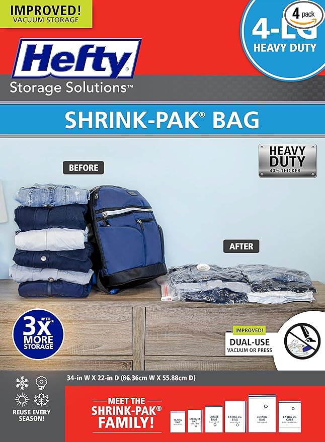 Hefty Vacuum Bags for Clothes 4 Pack, Space Saving Large Vacuum Storage Bags by Hefty