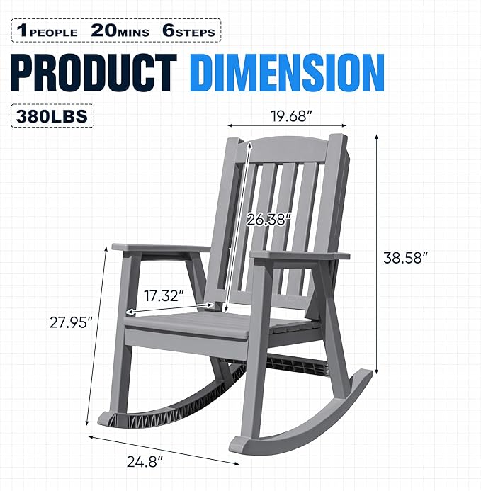 Devoko PP Material Rocking Chair Outdoor Indoor All Weather High Back Patio Rocker for Adult Heavy Duty Rocking Chair for Patio Backyard Porch Garden (Heavy Duty, Gray) - Image 3