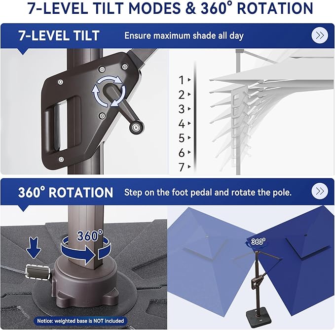 10 X 13 FT Cantilever Outdoor Patio Umbrella with Base Included Large Heavy Duty 360° Rotation Double Top Offset Rectangular Umbrellas with Led Lights for Backyard Outside Deck, NAVY - Image 4