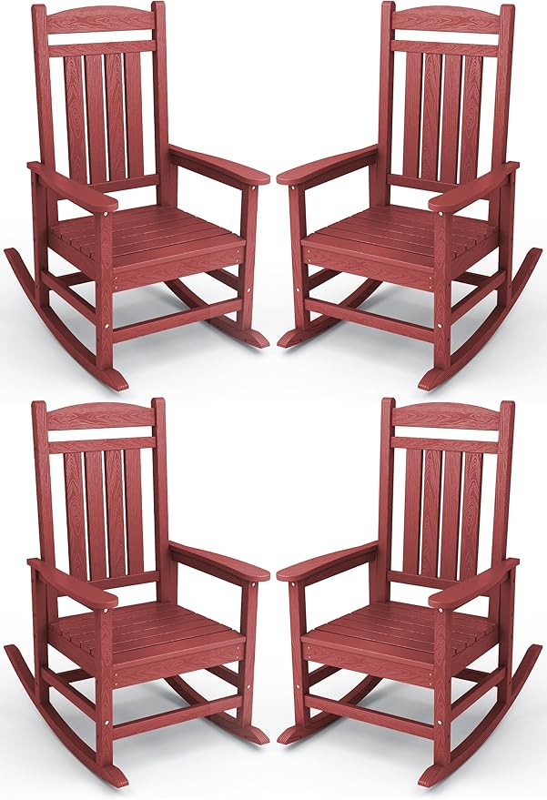 KINGYES HDPE Outdoor Rocking Chair Set of 4, All-Weather Poly Patio Rocking Chairs with 330lbs Support for Adults, Dark Red by KINGYES
