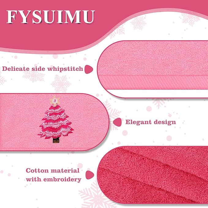 3Pcs Christmas Pink Hand Towel Set Cotton Xmas Tree Santa Snowman Bathroom - Image 3