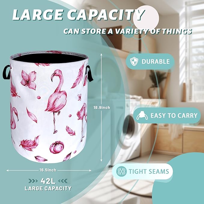 Pink Flamingo Laundry Basket Animal Foldable Funny Laundry Hamper Oxford Cloth - Image 2