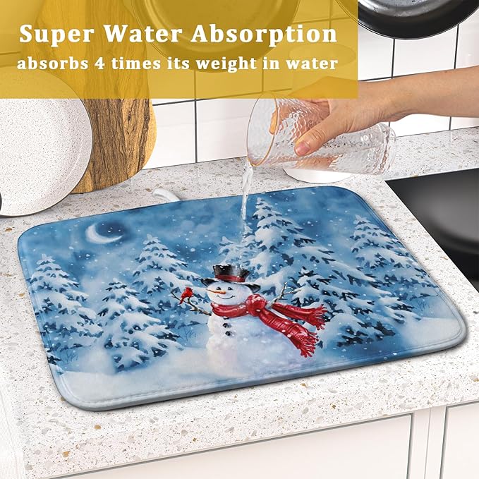 Blue Snowman Dish Drying Mat Winter Pine Tree Drainer Rack Mats 16x18 Inch - Image 7