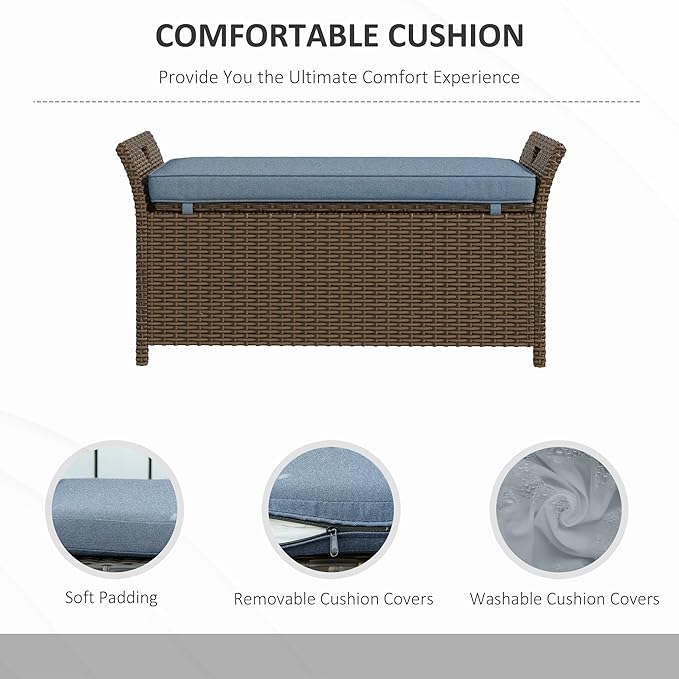 Outsunny 29 Gallon Patio Wicker Storage Bench, Outdoor PE Rattan Patio Furniture, 2-in-1 Large Capacity Rectangle Garden Storage Box with Handles and Cushion, Dark Blue - Image 5