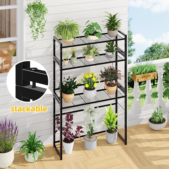 Simple Trending 3 Tier Metal Plant Stand Outdoor Indoor Waterproof, Stackable Heavy Duty Tall Plant Shelf Flower Pot Holder for Garden, Display Rack, Black - Image 3