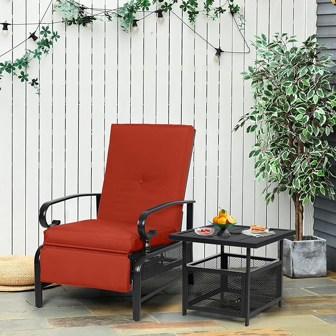 Oakcloud Adjustable Outdoor Lounge Chair Metal Patio Relaxing Recliner Chair Set with Bistro Table and Removable Cushions(Red) - Image 2