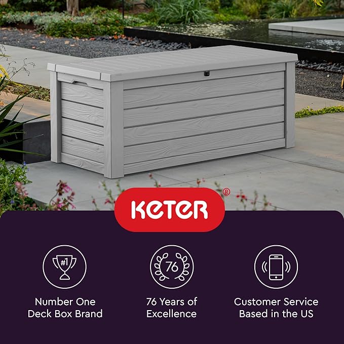 Keter Westwood 150 Gallon Resin Large Outdoor Storage Box for Patio Furniture, Outdoor Cushions, Garden Tools and Pool Floats, Light Grey - Image 9