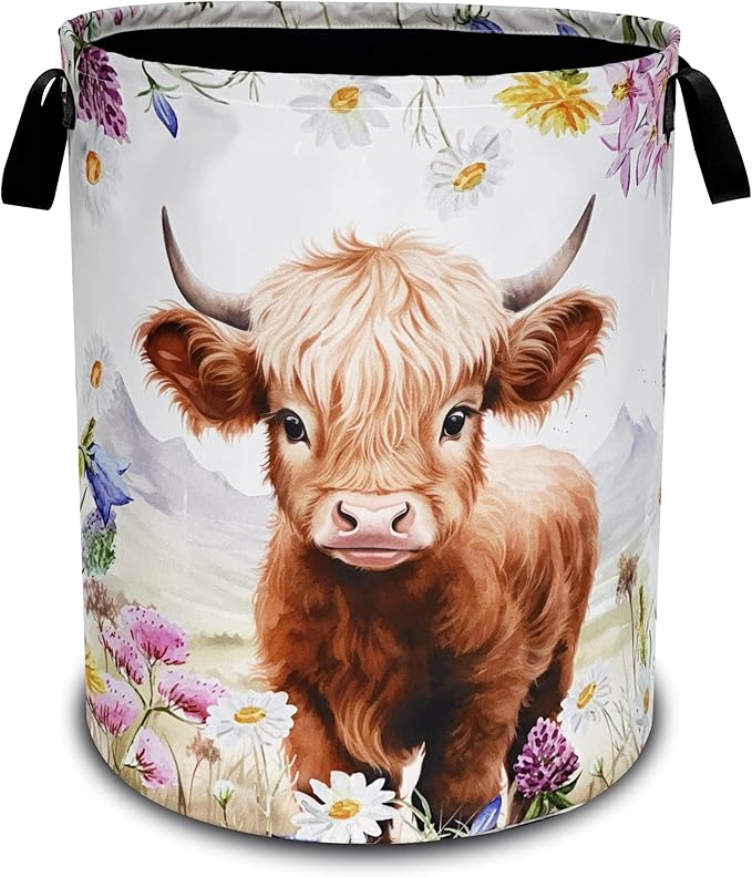 Highland Cow Laundry Basket Oxford Cloth Animal Flowers Laundry Hamper by Unknown