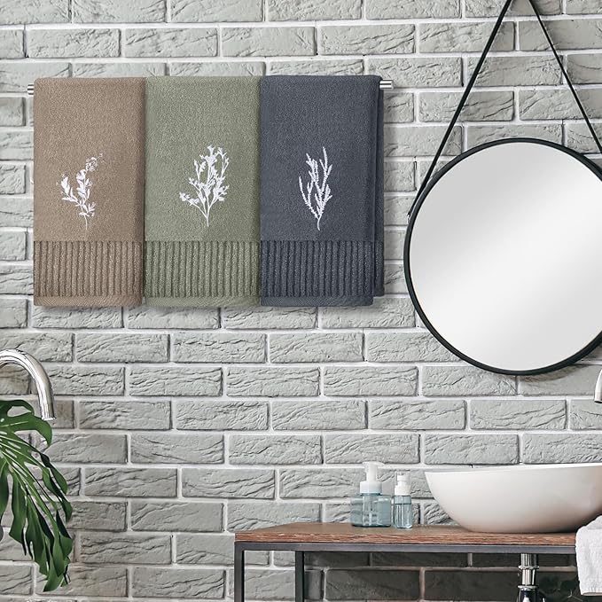 3 Pcs Boho Botanical Hand Towels Bathroom Decor Retro Embroidered Minimalist - Image 3